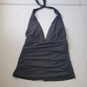La Blanca Tankini Top Y2K Bling 8 Black Halter Plunge Rhinestone Ruched Swim